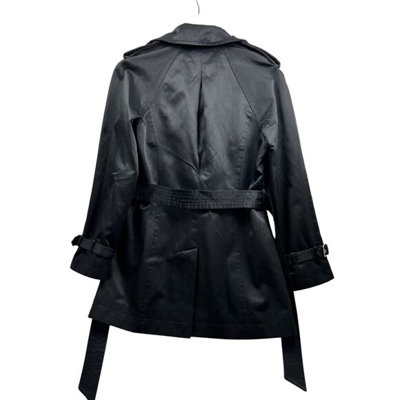 Context Trench Coat Womens M Belted Double Breasted Floral Lining Blk Retro Chic - Picture 3 of 13